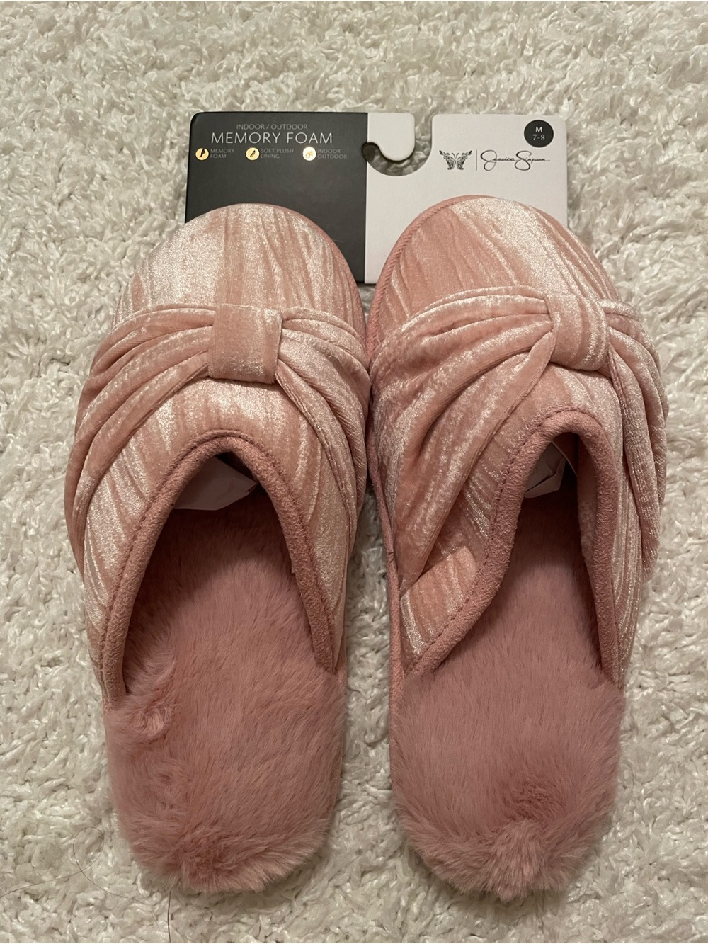 Women’s Jessica Simpson Pink Velour Twisted Knot Slide-On Scuff Slipper NWT